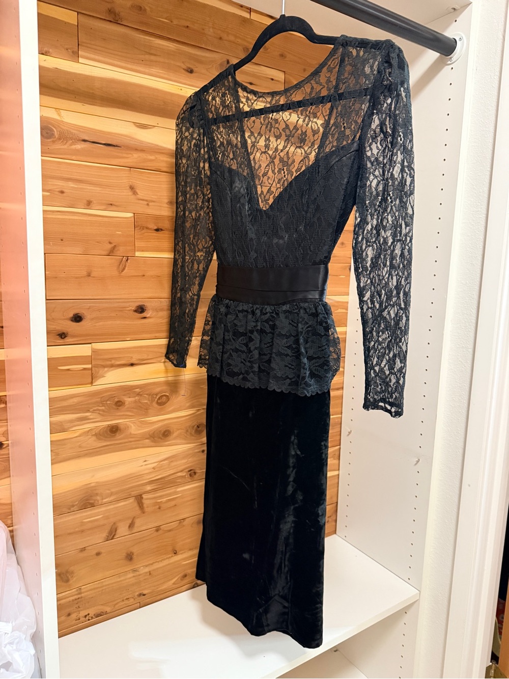 Gunne Sax Black Lace Midi Dress with Velvet Skirt